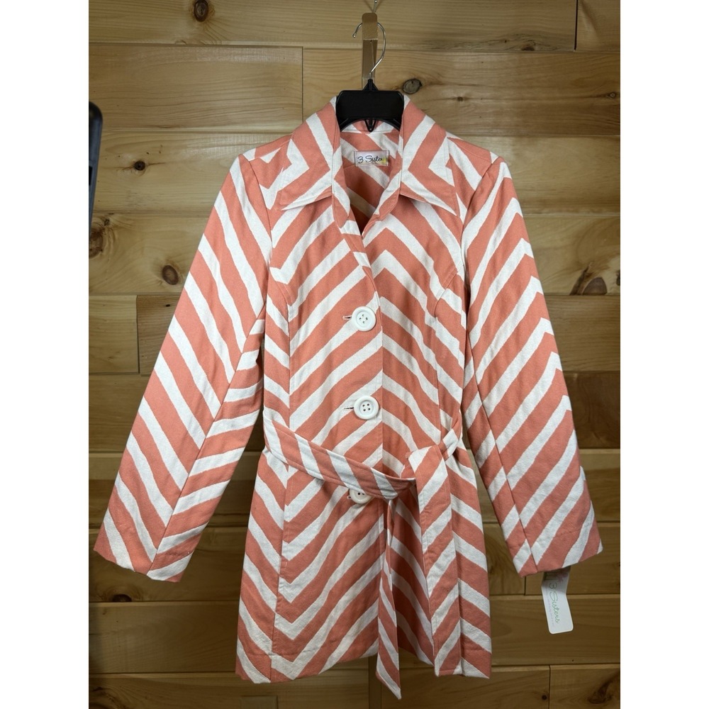 3 Sisters white and orange chevron-striped belted jacket  NWT Size S  Retail $99